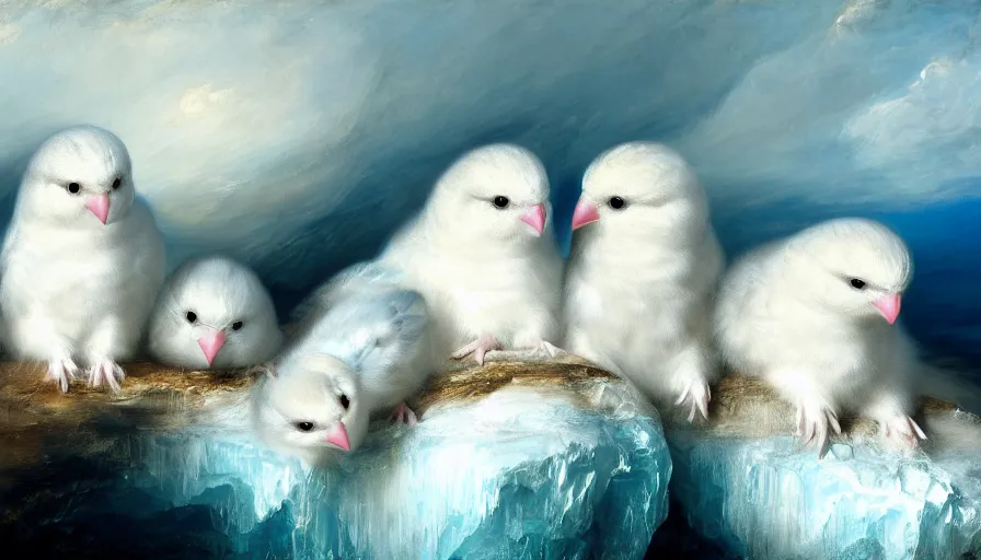 Image similar to highly detailed painting of cute furry white baby budgie cats cuddling into each other on a blue and white iceberg by william turner, by greg rutkowski, by william constable, thick brush strokes and visible paint layers, 4 k resolution