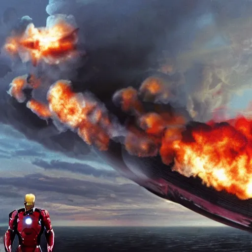 Prompt: iron man hindenburg disaster, 4k realistic photo