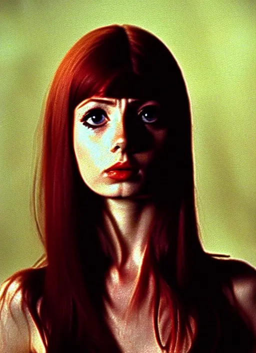 Image similar to 1973 film still from an Italian drama film of a bemused teenage Karen Gillan as the goddess of black leather staring intently at you. focused on her eyes. ultra detailed painting at 16K resolution and amazingly epic visuals. epically beautiful image. amazing effect, image looks gorgeously crisp as far as it's visual fidelity goes, absolutely outstanding. vivid clarity. ultra. iridescent. mind-breaking. mega-beautiful pencil shadowing. beautiful face. Ultra High Definition. godly shading. amazingly crisp sharpness. photorealistic film cel processed twice..