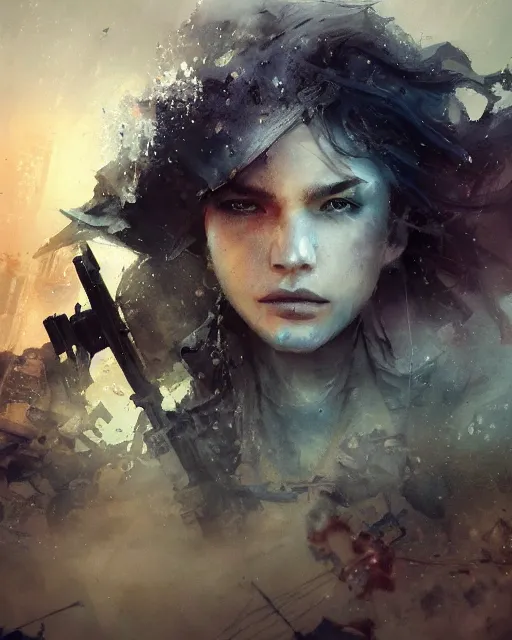 Image similar to battle hardened charismatic, rigged jayden steward, soldier in a desert, face centered portrait, confident, ruined cityscape, zombies, fog, rain, volumetric lighting, soft light particles floating near her, illustration, perfectly shaded, soft painting, art by krenz cushart and wenjun lin