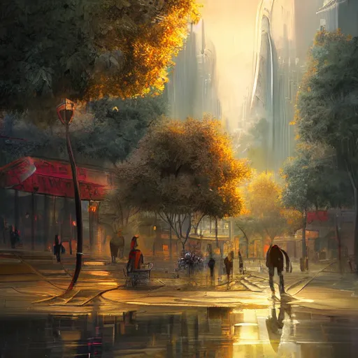 Image similar to Beautiful happy picturesque charming sci-fi city in harmony with nature. Beautiful light. Nice colour scheme, soft warm colour. Beautiful detailed artistic digital painting by Vincent. (2022)