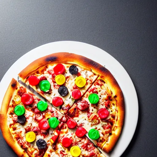 Prompt: A delicious plate of pizza with gummy bears on, close up food photography, studio lighting, Sigma 35mm f/1.4