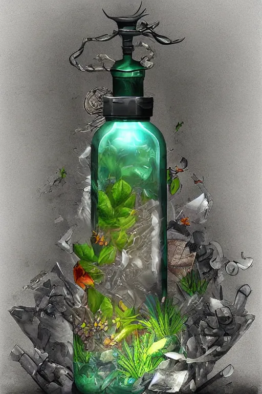 Prompt: a fantasy styled trash inside a terrarium bottle , digital art