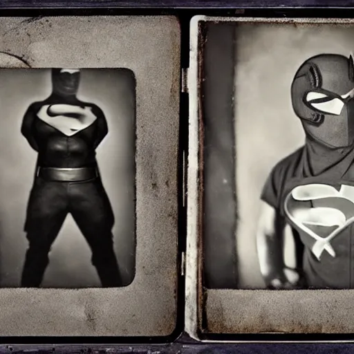 Image similar to tintype photographs of superheroes, masked wrestlers, monster hunters, technowizards