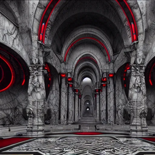 Prompt: alien cathedral made of dark grey marble with red veining and highly detailed ornaments all over the complex surface, photorealistic, perfect camera motion, cinematic, volumetric lighting, next gen rendering, nvidia