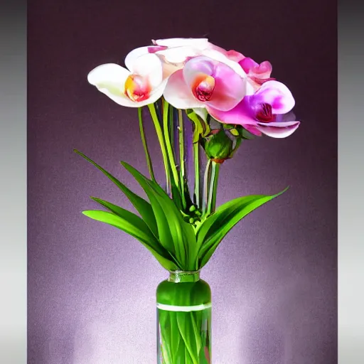 Image similar to rainbow colored genetically modified blend of rose lily carnation orchid ranunculus anenome!!, floral arrangement in futuristic!! vase made of mother of pearl, architectural digest, year 2 3 0 0
