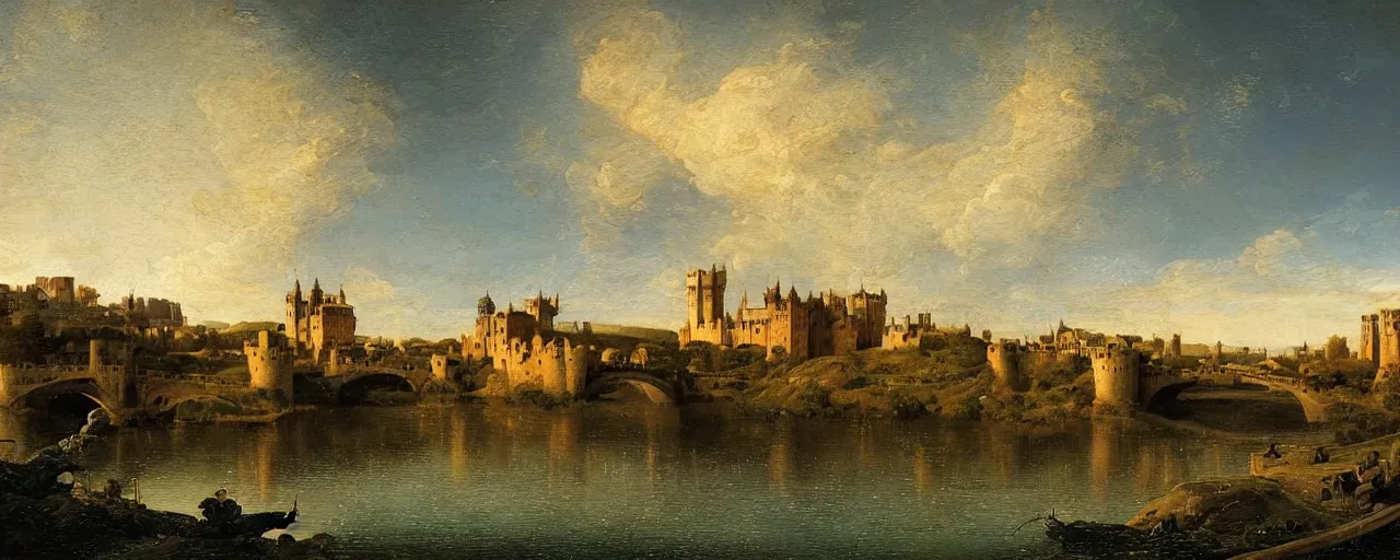 Prompt: landscape artwork of multiple large interconnected castles,moat,bridge,mountains,digital art,night sky,by Canaletto,masterpiece,high quality,pretty,fantasy,impossible