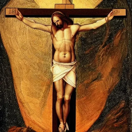 Image similar to Elon musk as jesus christ, crucified on mars, painting in the style of Leonardo Da Vinci