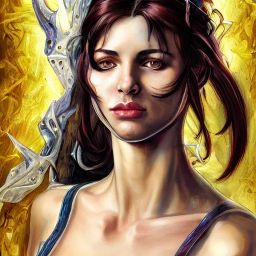 Image similar to high quality high detail portrait of a young gorgeous female warlock, fantasy, d & d, painting by lucian freud and mark brooks, hd