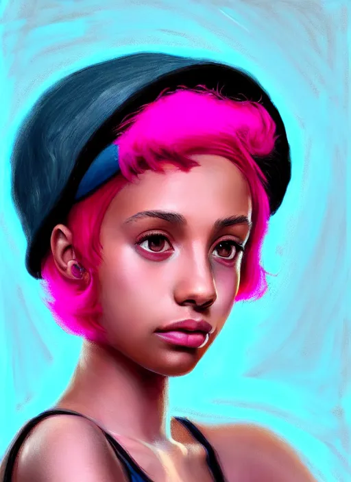 Image similar to portrait of teenage vanessa morgan with bright pink hair, black girl, curly pixie cut hair, wearing newsboy cap, pink short haircut, newsboy cap, hoop earrings, blue eyes, intricate, elegant, glowing lights, highly detailed, digital painting, artstation, concept art, smooth, sharp focus, illustration, art by wlop, mars ravelo and greg rutkowski