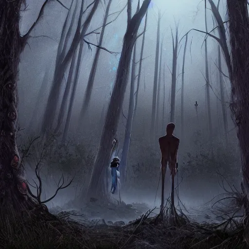 Image similar to man looking at camera in the forest, night time, surrounded by tall faceless creatures, horror, dark, eldritch, grainy film, artstation, realistic, detailed