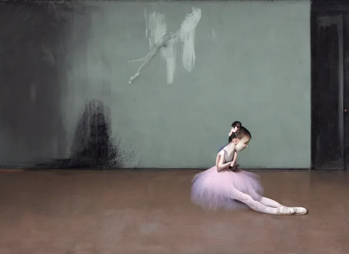 Image similar to portrait of nervous young girl ballerina sitting on the floor focusing in a dance hall by beeple and hernan bas and francis bacon and pat steir and hilma af klint, psychological, photorealistic, symmetrical face, dripping paint, washy brush, matte painting, rendered in octane, altermodern, masterpiece