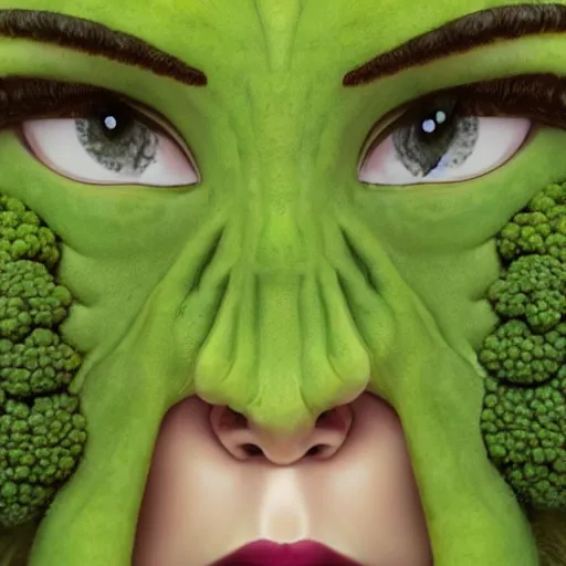 Prompt: anthropomorphic broccoli with [ an elizabeth olsen face ]!!, portrait!!, trending on artstation, 4 k quality, intricate