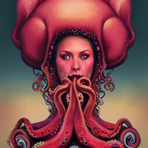 Image similar to queen of octopus, portrait, pink and gold, nouveau, beautiful, by Anato Finnstark, Tom Bagshaw, Brom