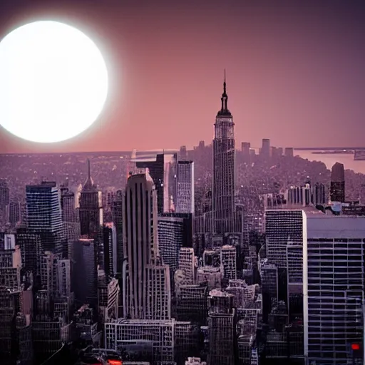 Image similar to new york city and an eclipse in the background, cinematic, realistic