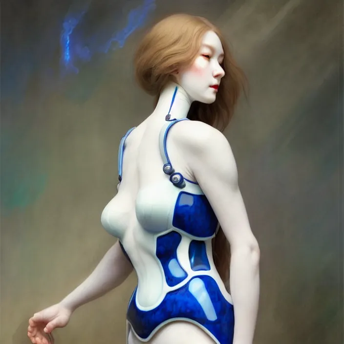 Prompt: porcelain cyborg, Chinese Blue and white porcelain exoskeleton 14th century, diffuse lighting, fantasy, elegant, lifelike, photorealistic, digital painting, artstation, illustration, concept art, smooth, sharp focus, art by John Collier and Albert Aublet and Krenz Cushart and Artem Demura and Alphonse Mucha