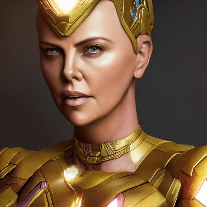 Image similar to portrait of ((Charlize Theron)), wearing The Infinity Gauntlet. SNAP. intricate artwork. octane render, trending on artstation, very coherent symmetrical artwork. avengers. thanos. cinematic, hyper realism, high detail, octane render, 8k, iridescent accents