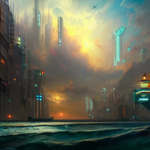 Image similar to a Stunning painting of a cyberpunk city on the sea, epic lighting, beautiful sky, hyper detailed, Realistic, 8K Resolution, annibale Siconolfi, Peter Mohrbacher, donato giancola, Joseph Christian Leyendecker, WLOP, Boris Vallejo