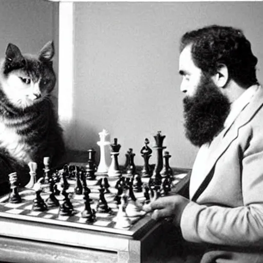 Image similar to Karl Marx playing chess against cat, photograph 1960, detailed