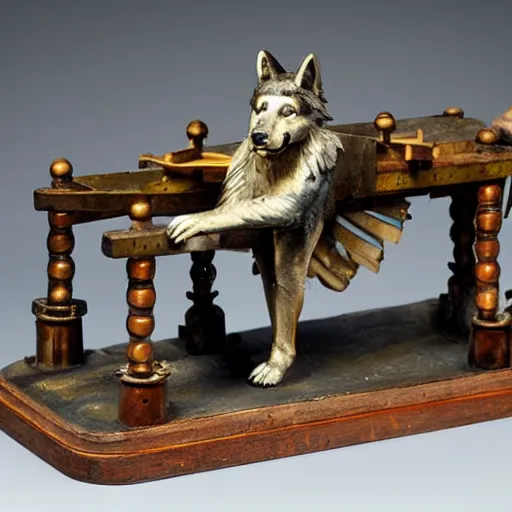 Prompt: 19th century mechanical automata depicting a wolf in a workshop