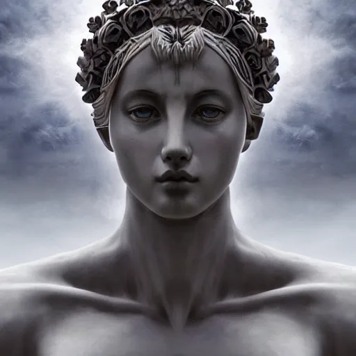 Image similar to A digital masterpiece illustration concept art of a giant statue of a very beautiful Greek Goddess, beautiful eyes, symmetrical face, symmetrical body with its top in the heaven, taiga landscape + inspired art by by WLOP + Extremely detailed and intricate complexity + epic composition, magical atmosphere, cinematic lighting + wide long shot, wide angle + trending on artstation + 8k