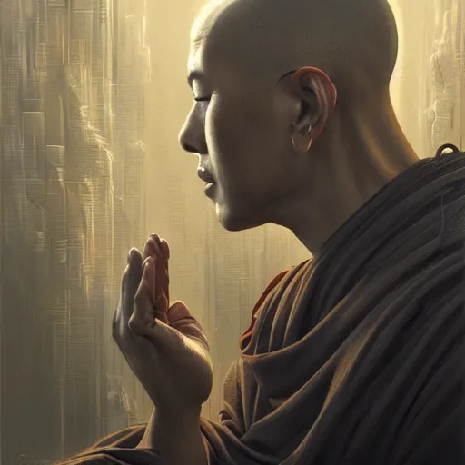 Image similar to ultra realistic illustration, buddhist monk meditating, cyberpunk, sci-fi, fantasy, intricate, elegant, highly detailed, digital painting, trending on artstation, sharp focus, illustration art in the style of artgerm, by greg rutkowski, by albrecht durer W 1024