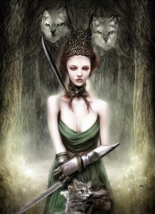 Image similar to medieval female warrior, green eyes, dark forbidden forest, wolves, white cat, by Lecouffe-Deharme, by Natalie Shau