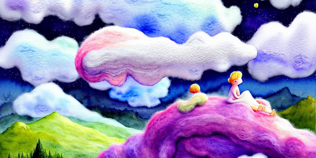 Image similar to A watercolor art of Mumintroll character in shape of wool felting amazing clouds, illustration by Irena Žviliuvienė, book cover, colorful background with mountains, 4k resolution, ultra detailed, matte painting, tarot card style, character design