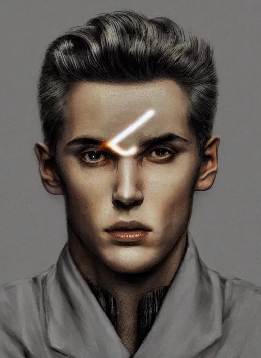 Image similar to a highly detailed long shot photo of masculin male face portrait, futurism, rococo cyber neon lighting, detailed futuristic fibonacci jewelry, profile posing, hyper photorealistic, crispy quality, digital photography, trending in pinterest, cinematic, 4 k ultra hd, art by pascal blanche, art by greg rutkowski, art by artgerm,