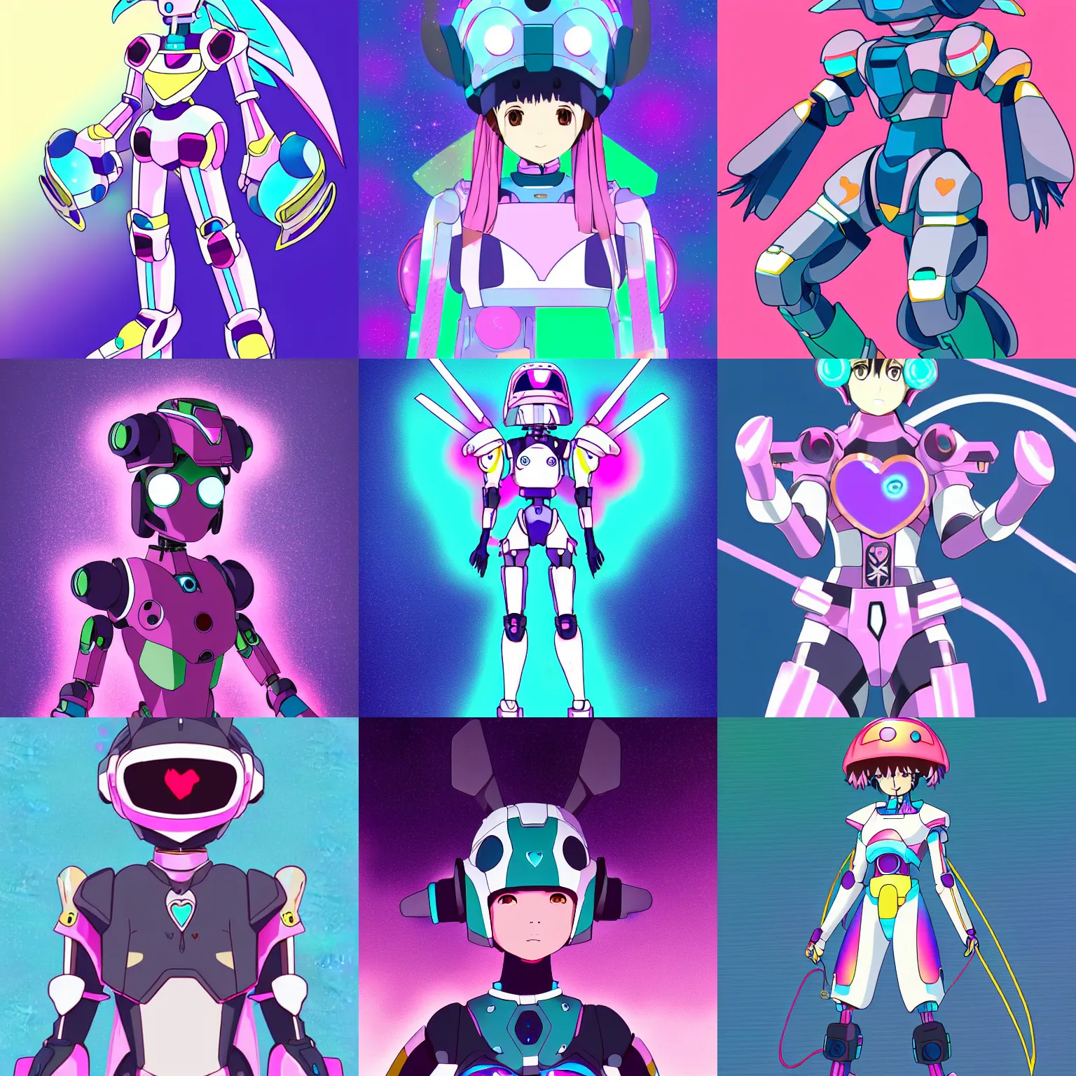 Prompt: mecha magical girl with a heart visor helmet, Tokusatsu Suit, vaporwave full body character portrait, digital art spirited away