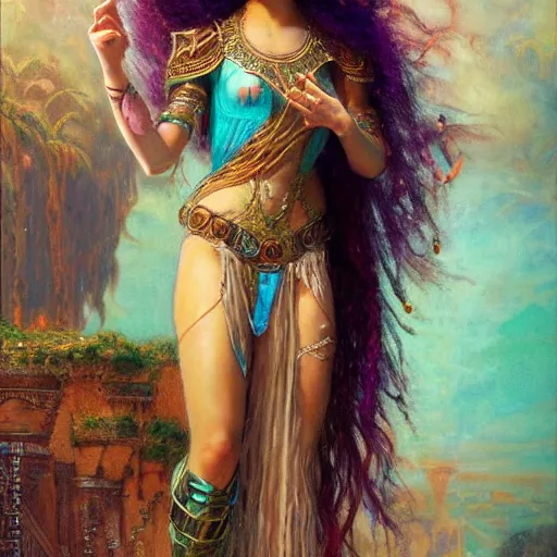 Image similar to artstation, intricate detail, hyper detail, portrait by gaston bussiere, tan skin, lady of elche, egyptian sumerian features, techno mystic goddess princess intergalactica inanna with aqua neon rapunzel dreadlocks,