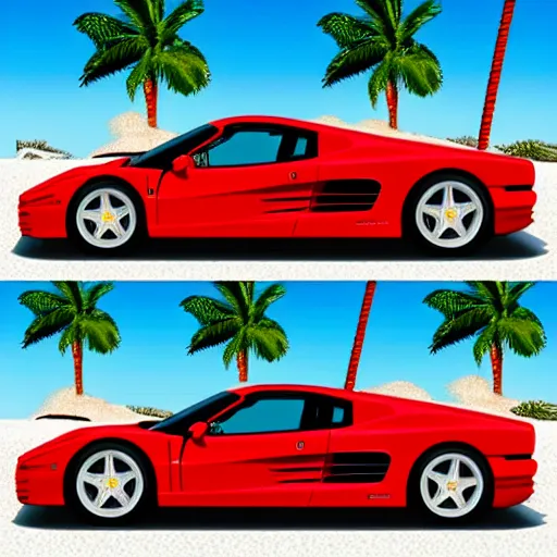 Image similar to a red Ferrari testarossa on a road next to a white sand beach with palm trees. 16bit graphics.