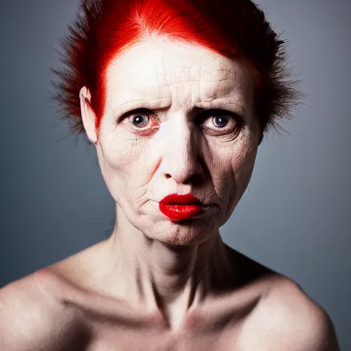 Prompt: a color photo portrait of a slender woman with red hair and a severe expression, sharp and narrow and crooked nose in the style of richard avedon, 7 5 mm lens, studio lighting.