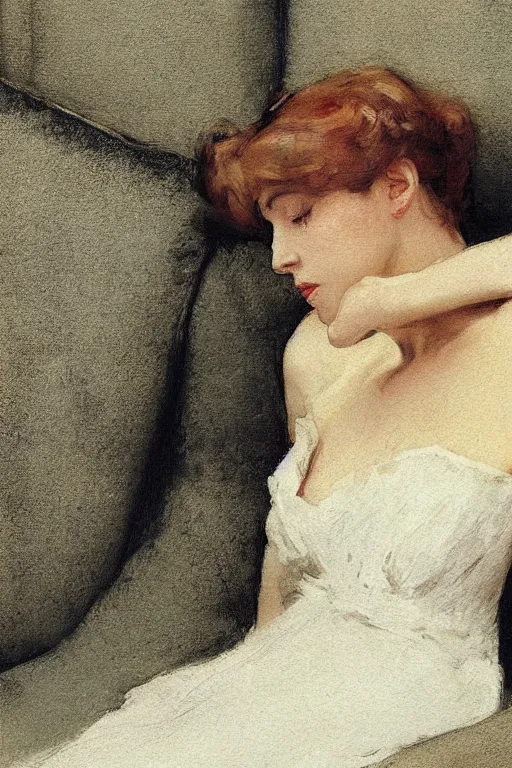 Image similar to european woman in a gown laying on couch, close up, bloom flowers, modern, eclectic, illustration, by ramon casas