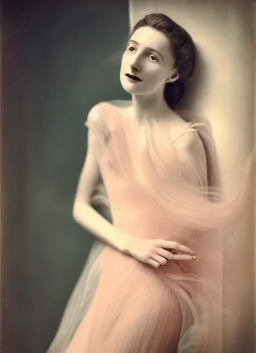 Image similar to portrait photography of a beautiful woman, in style photography of Cecil Beaton, rose huntington whitely style 3/4 , natural color skin pointed in rose, long hair with ornamental hairstyle, full body dressed with a ethereal transparent voile dress, elegrant, 8K, soft focus, melanchonic rose soft light, volumetric dramatic lighting, highly detailed Realistic, hyper Refined, Highly Detailed, natural point rose', indoor soft lighting, soft delicate lighting colors scheme, soft blur lighting, fine art fashion photography