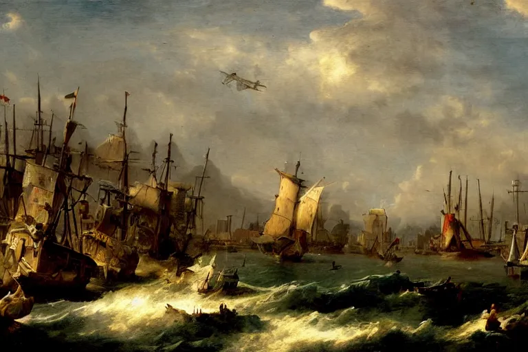 Image similar to painting starship landing over harbor by hubert robert very very detailed cinematic peasants