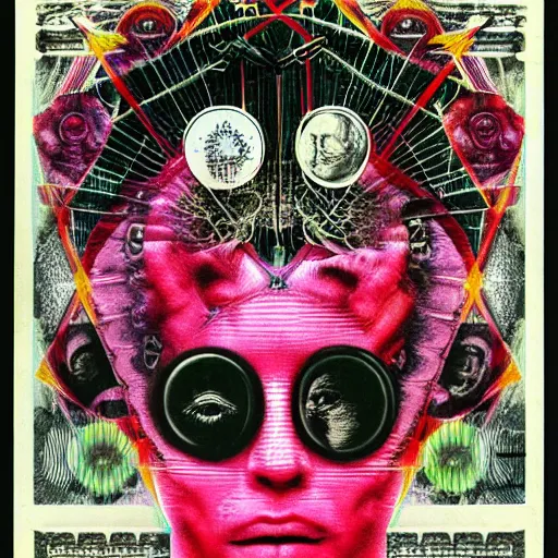 Image similar to post - punk new age album cover, asymmetrical design, frame of a dollar bank notes, capitalism, magic, apocalypse, psychedelic, black white pink, magic, giger h. r., giuseppe arcimboldo