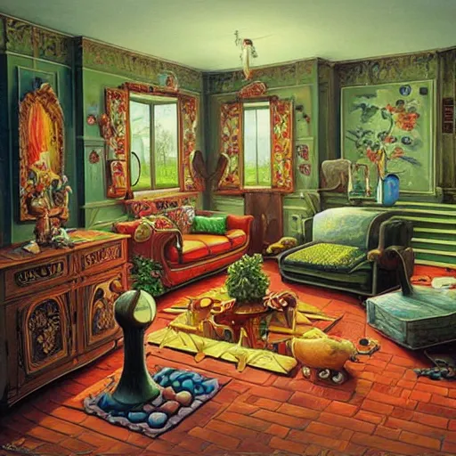 Image similar to a painting of a living room filled with furniture, a surrealist painting by jacek yerka, cgsociety, fantastic realism, surrealist, detailed painting