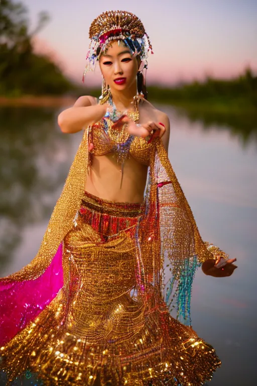 Image similar to photo of a beautiful asian woman fully dressed in clothes made out of jewels while dancing in the middle of a river, low light, , golden hour, highly detailed, 8k