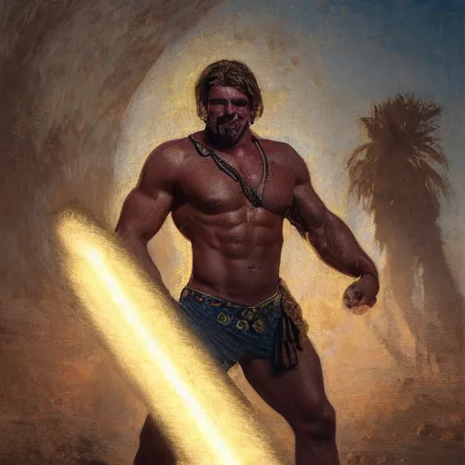 Image similar to handsome portrait of a spartan guy bodybuilder posing, radiant light, caustics, war hero, beach paradise, by gaston bussiere, bayard wu, greg rutkowski, giger, maxim verehin