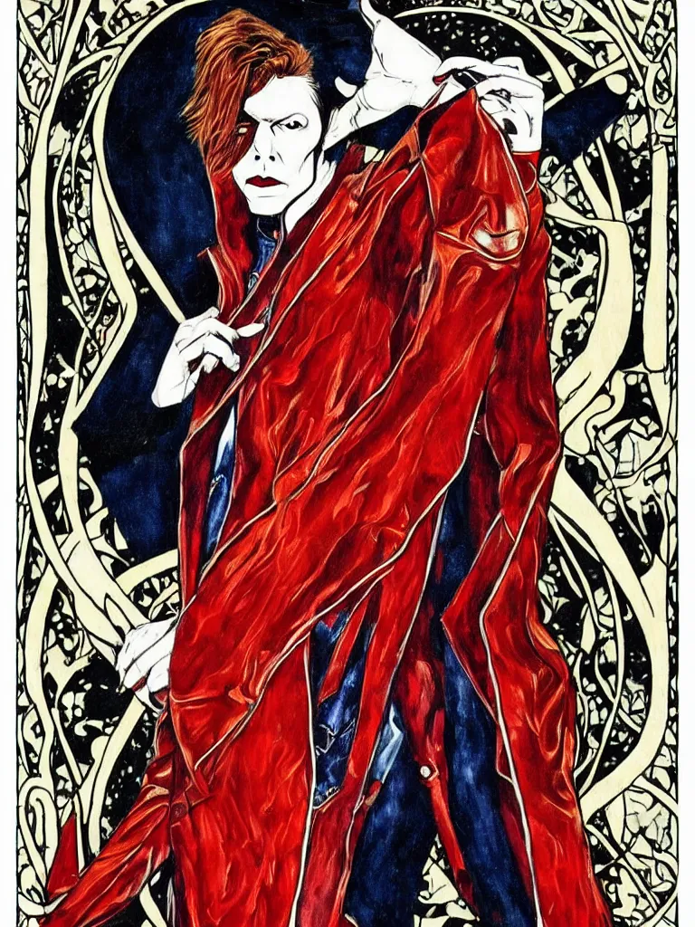 Prompt: art nouveau, David Bowie, one single figure, tarot card, The Vampire, leather jacket, jeans, long red hair, full body