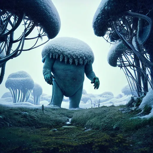 Image similar to a giant creature in a lush tundra vegetation, snow snow : : by michal karcz, daniel merriam, victo ngai and guillermo del toro : : ornate, dynamic, particulate, intricate, elegant, highly detailed, centered, artstation, smooth, sharp focus, octane render, 3 d