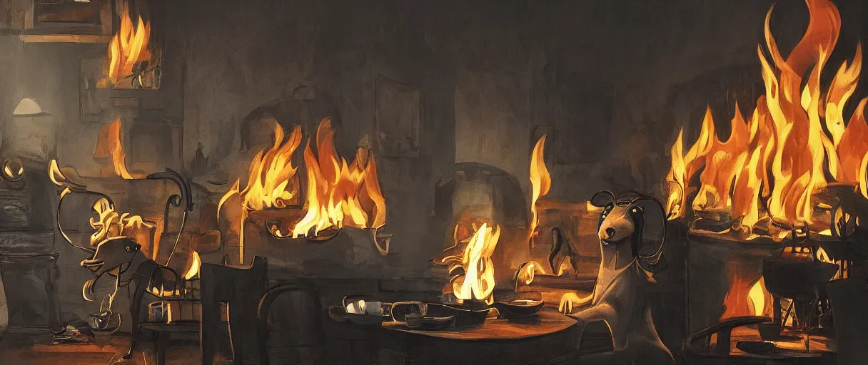 Image similar to a photograph (flash on) of a relaxed anthropomorphic dog sitting on a chair at a dinner table (no fire at all there), surrounded by flames, cup of coffee on the table, huge fire on this dining room in the background, a lot of flames behind the dog, black smoke instead of the ceiling, no watermark