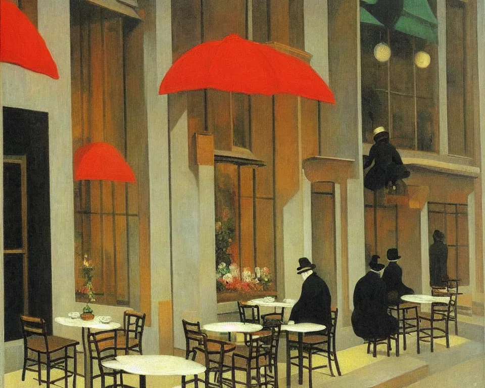 Image similar to achingly beautiful painting of a sophisticated, well - decorated modern cafe by rene magritte, monet, and turner. whimsical.