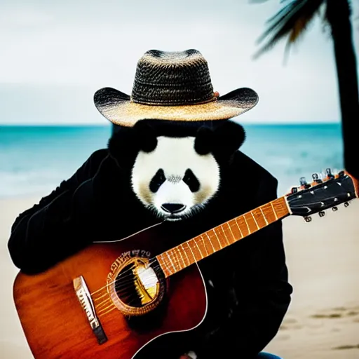 Image similar to photo of a panda wearing a cowboy hat and black leather jacket playing a guitar on a beach