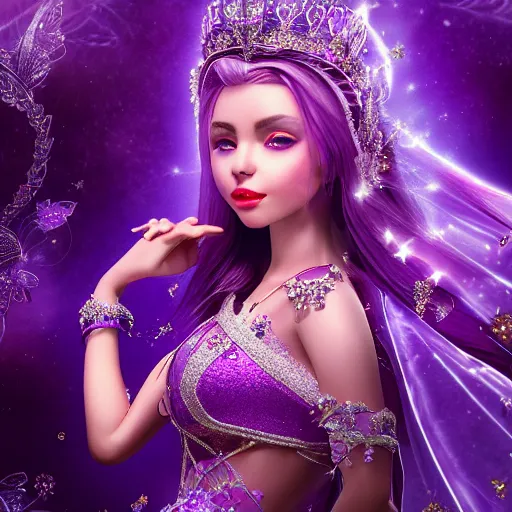 Prompt: portrait princess of amethyst, glowing, beautiful, ornate and intricate purple jewelry, jaw dropping beauty, glowing background lighting, purple accent lighting, hyper detailed, fairy tale, 4 k octane render