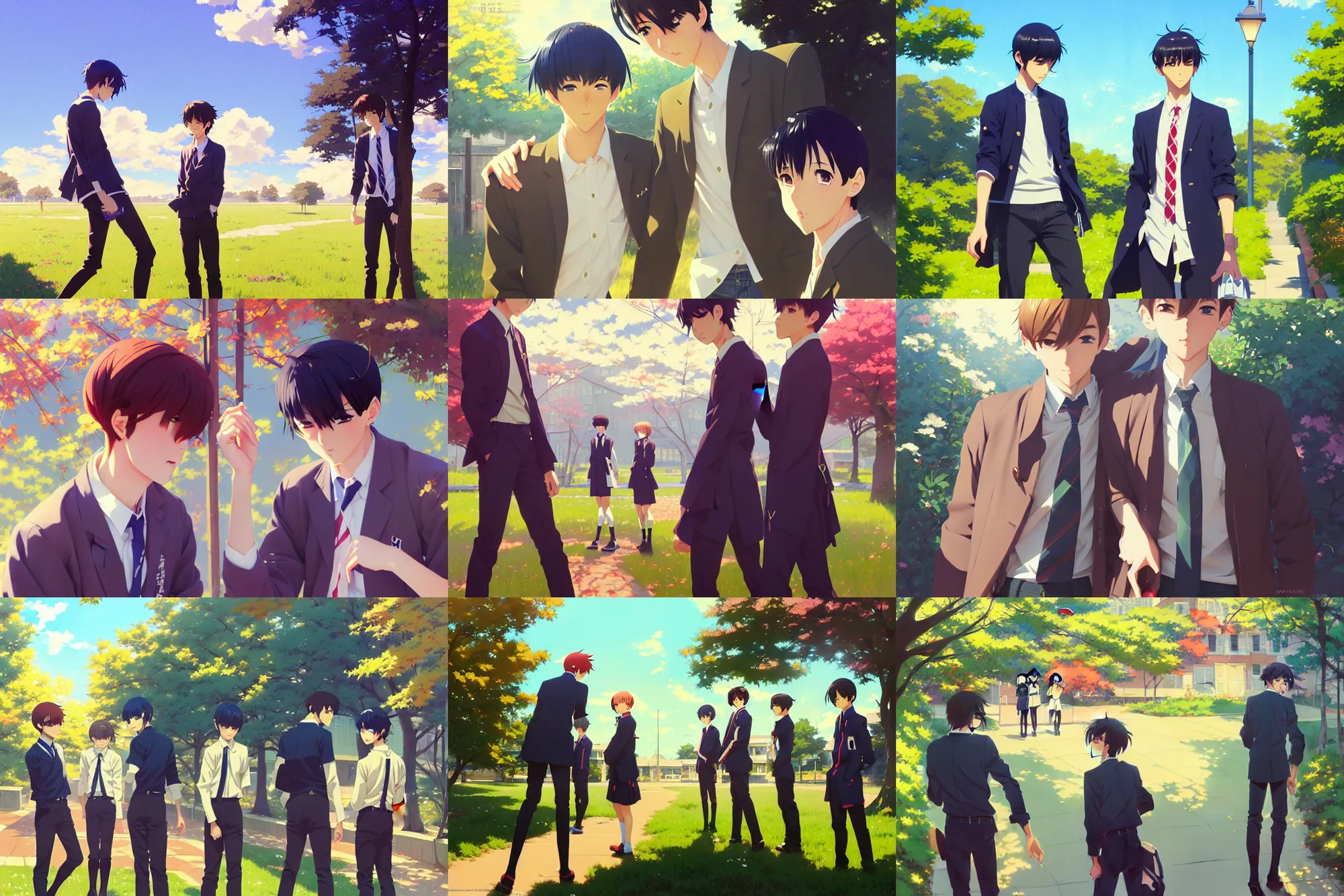 Prompt: boy's love anime high school spring noon scene, high detail concept art, perfect proportions fine face, tall handsome guys, close together romantic undertones, avant designer uniform, vivid colors, realistic shaded lighting poster fantasy art ilya kuvshinov, kyoani, katsuhiro, jeremy lipking and michael germash, makoto shinkai, loish, best selling artist