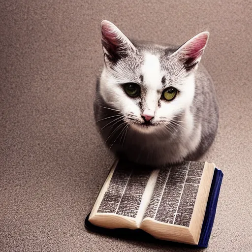 Image similar to award winning photograph of super adorable cat standing in front an open Bible, studio lighting, studio photography