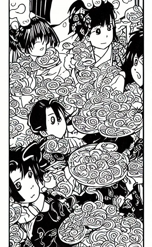 Image similar to Japanese manga style, white elephants eat instant noodles.