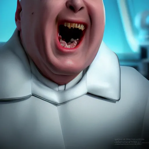 Image similar to laughing Dr Evil, portrait, sharp focus, digital art, Hyper-realistic, 4K, Unreal Engine, Highly Detailed, HD, Dramatic Lighting by Brom, trending on Artstation